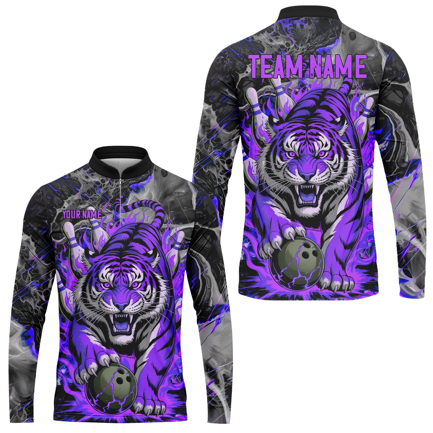 Custom Bowling Team Jersey, Tiger Gripping A Bowling Ball, Bowling Uniforms, Personalize Name And Team Name