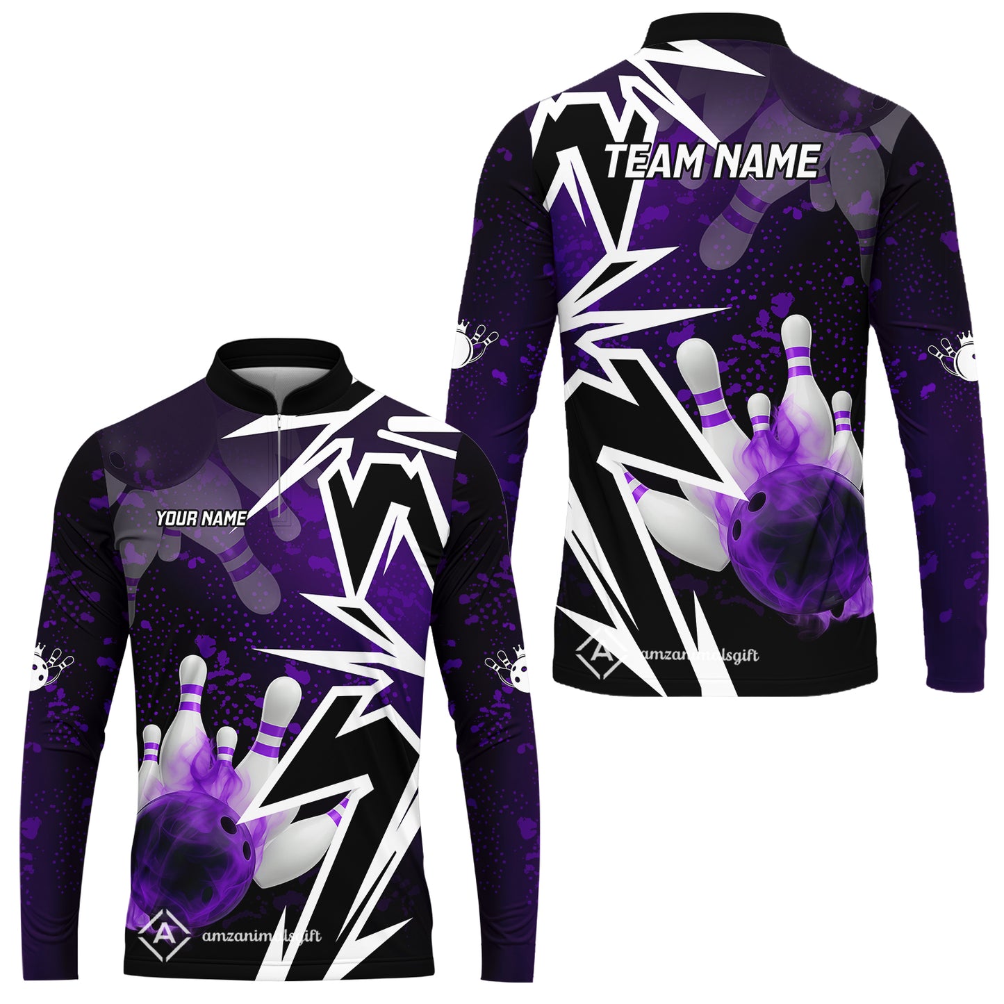 Customized Bowling Polo, Bowling And Pins Smoke Multicolor Option Customized Name And Team Zipper Polo Jerseys Shirts