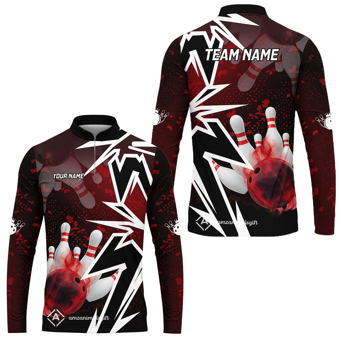 Customized Bowling Polo, Bowling And Pins Smoke Multicolor Option Customized Name And Team Zipper Polo Jerseys Shirts