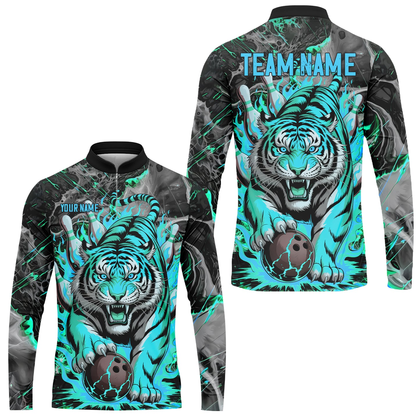 Custom Bowling Team Jersey, Tiger Gripping A Bowling Ball, Bowling Uniforms, Personalize Name And Team Name