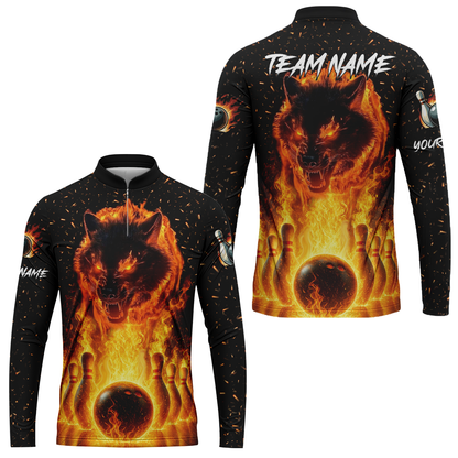 Customized Bowling Jersey, Glowing Wolf with Fiery Bowling Pins , Uniform Bowling - Personalized Name And Team Name