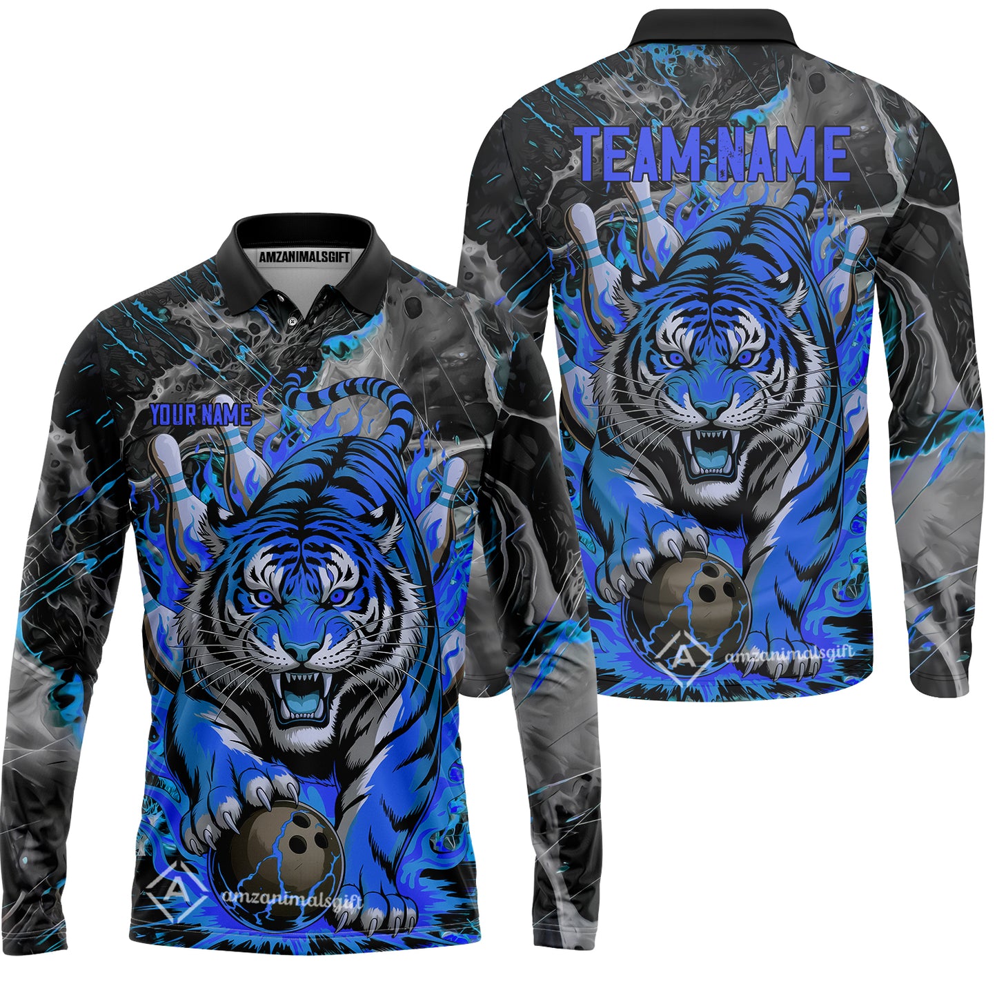 Custom Bowling Team Jersey, Tiger Gripping A Bowling Ball, Bowling Uniforms, Personalize Name And Team Name