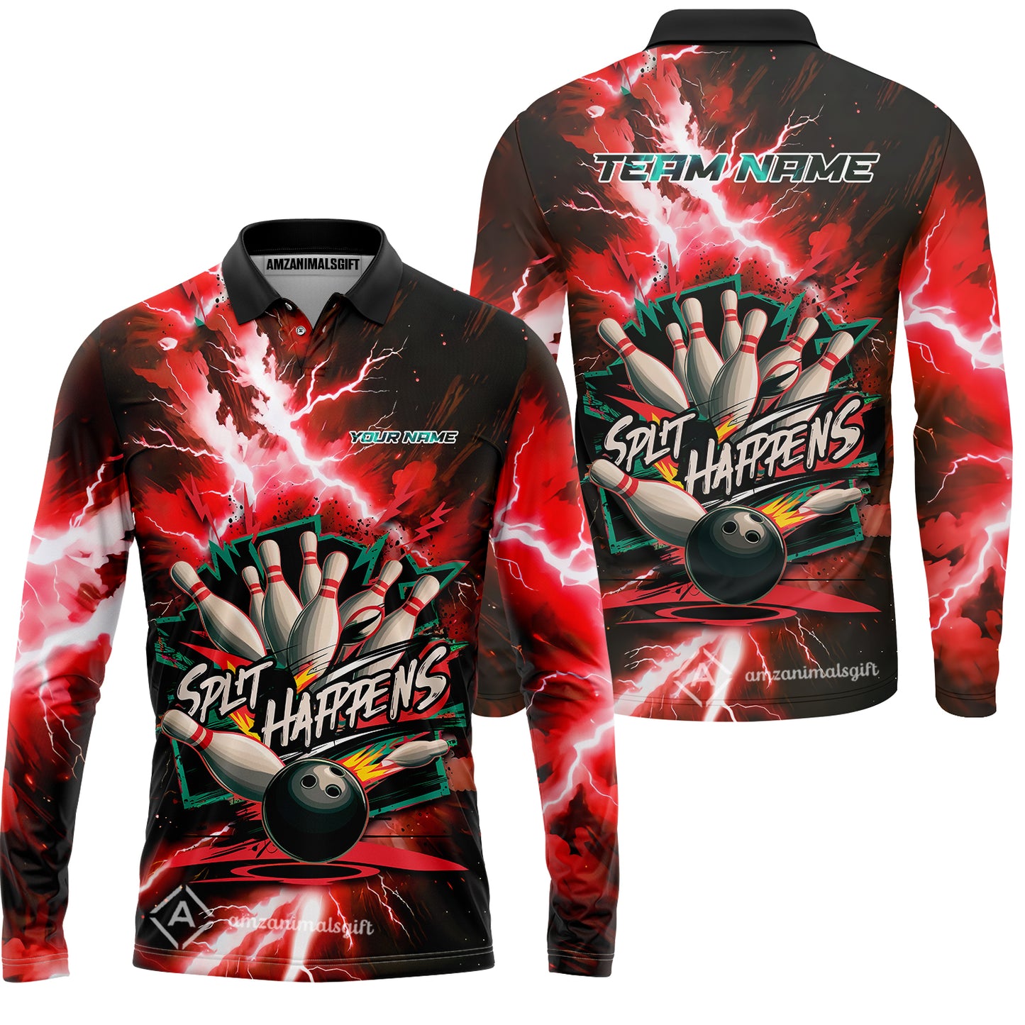 Custom Bowling Team Jersey, Split Happens - Electric Lightning, Bowling Uniforms, Personalize Name And Team Name