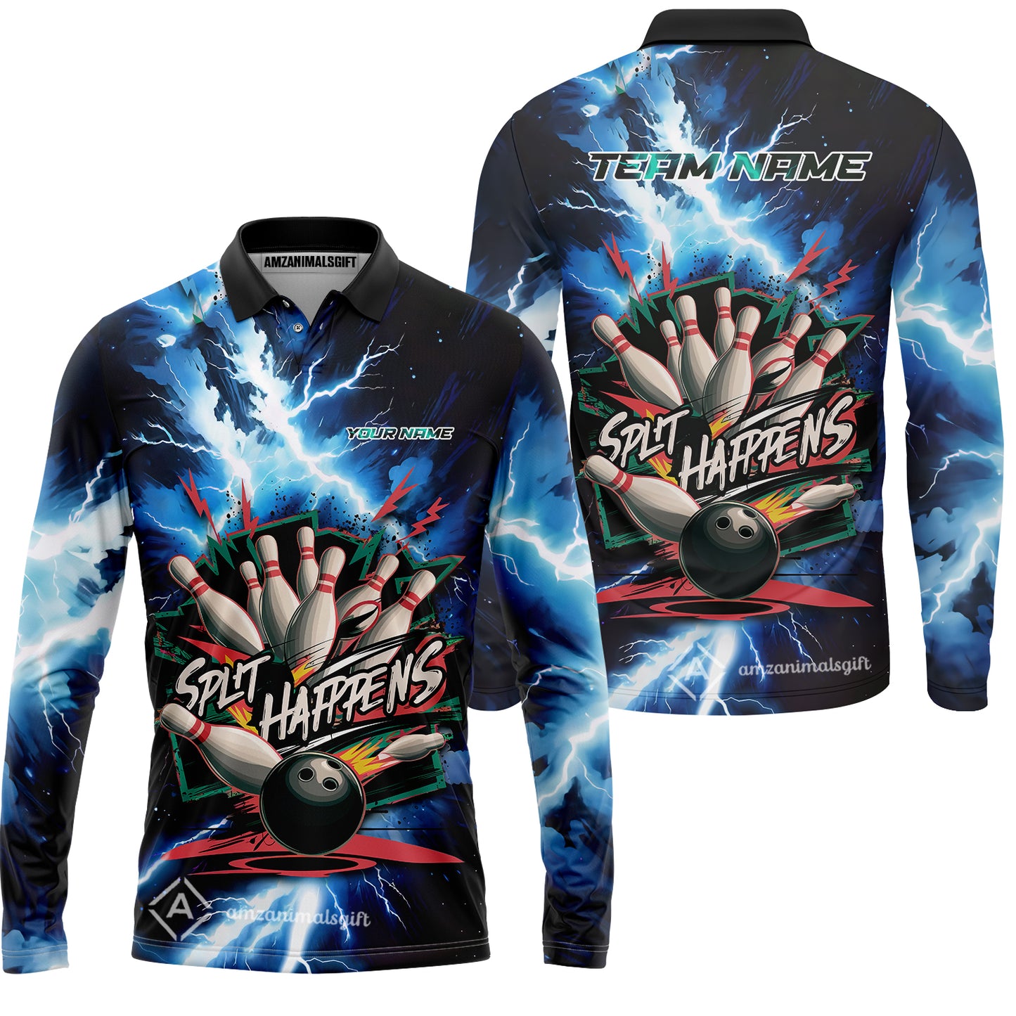 Custom Bowling Team Jersey, Split Happens - Electric Lightning, Bowling Uniforms, Personalize Name And Team Name
