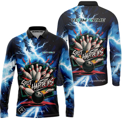 Custom Bowling Team Jersey, Split Happens - Electric Lightning, Bowling Uniforms, Personalize Name And Team Name