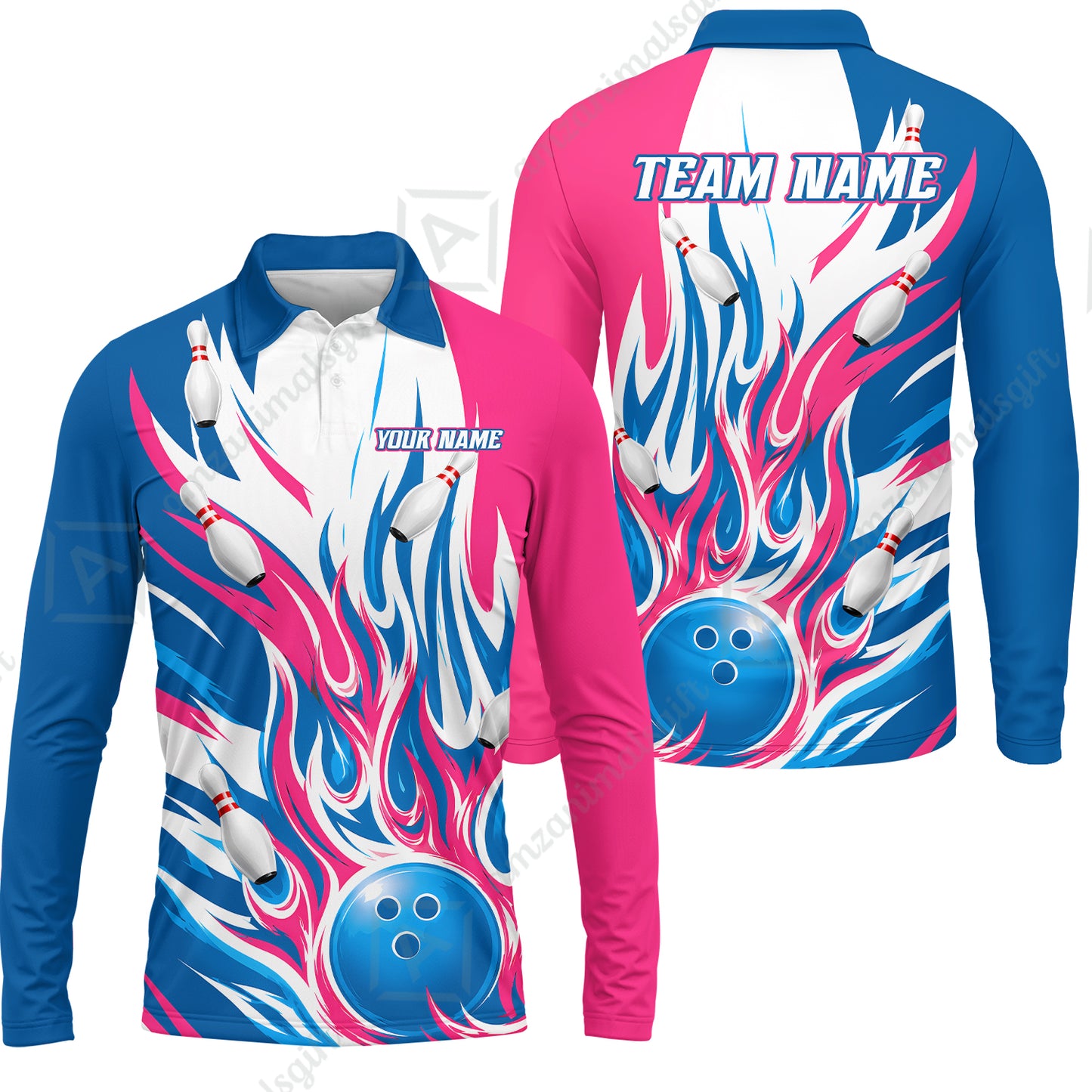 Long Sleeve Polo Shirt||Pink Cyan