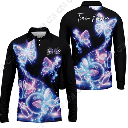 Custom Bowling Jersey Polo Shirt, Neon Electric Radiant Butterfly Glow, Custom Bowling Jersey Team Shirt For Players With Name & Team Name