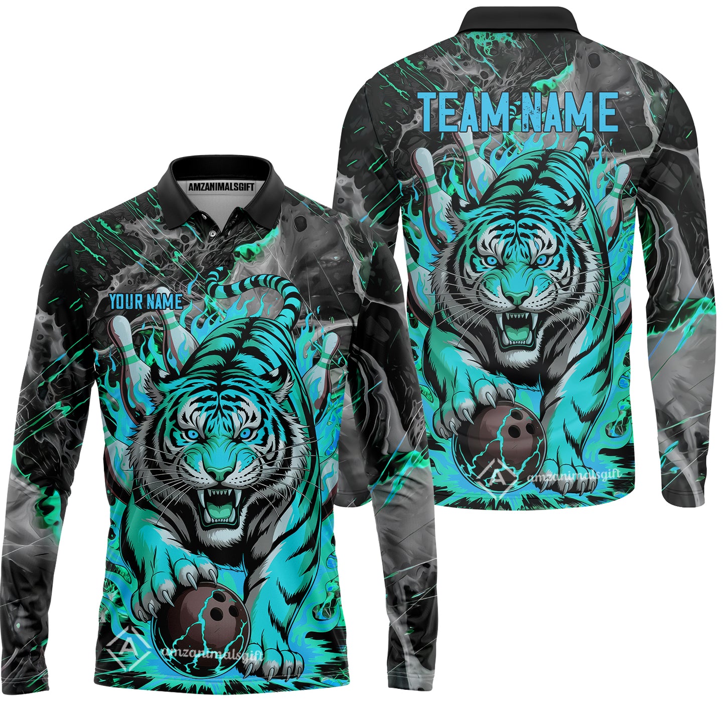 Custom Bowling Team Jersey, Tiger Gripping A Bowling Ball, Bowling Uniforms, Personalize Name And Team Name