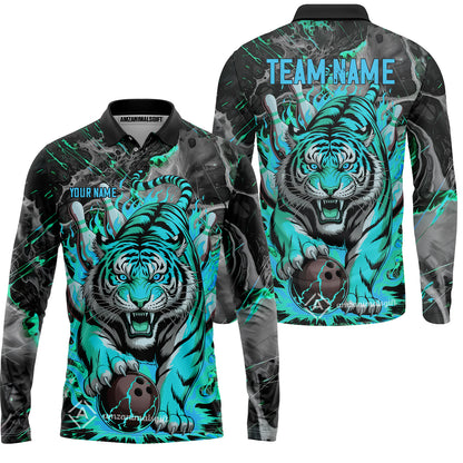 Custom Bowling Team Jersey, Tiger Gripping A Bowling Ball, Bowling Uniforms, Personalize Name And Team Name