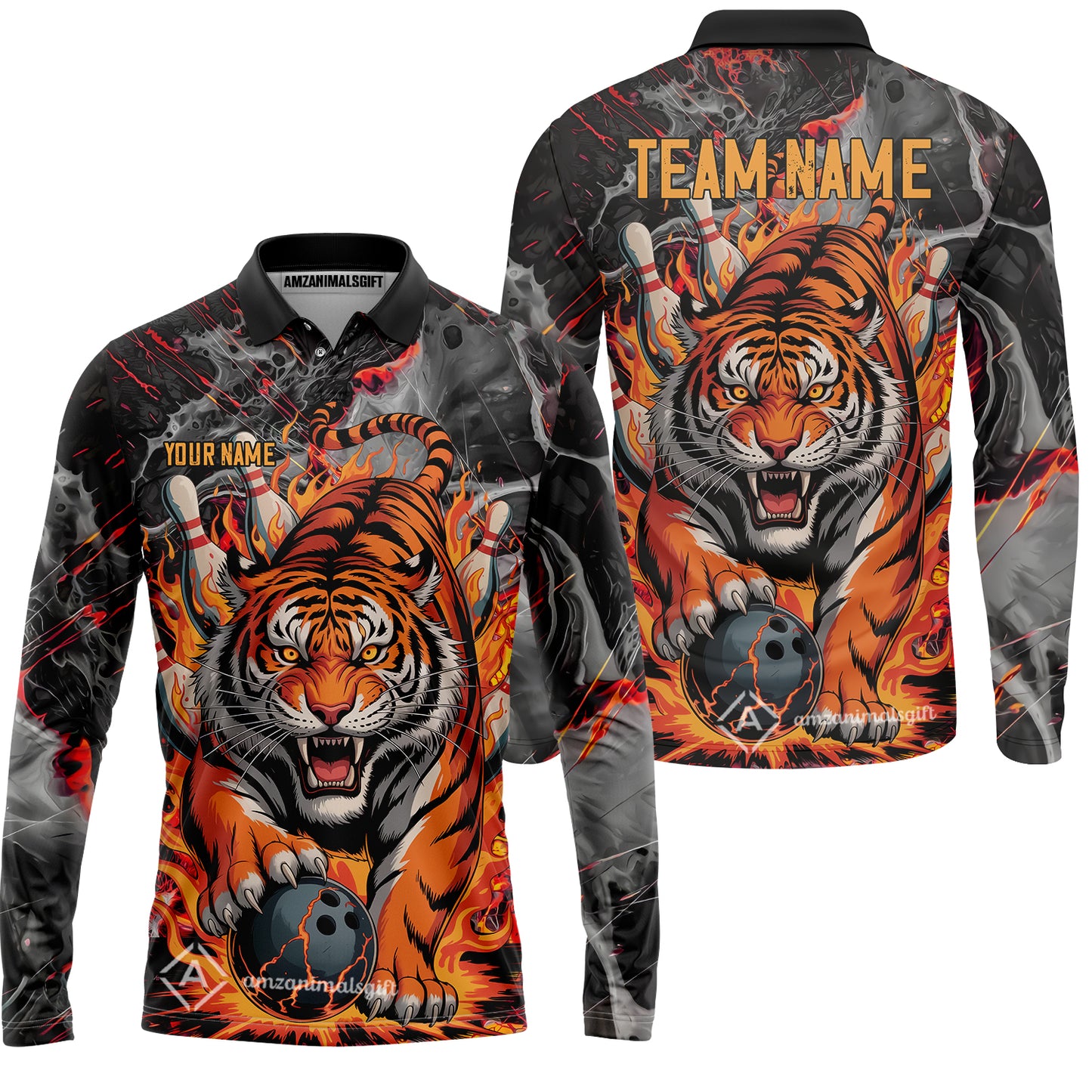 Custom Bowling Team Jersey, Tiger Gripping A Bowling Ball, Bowling Uniforms, Personalize Name And Team Name