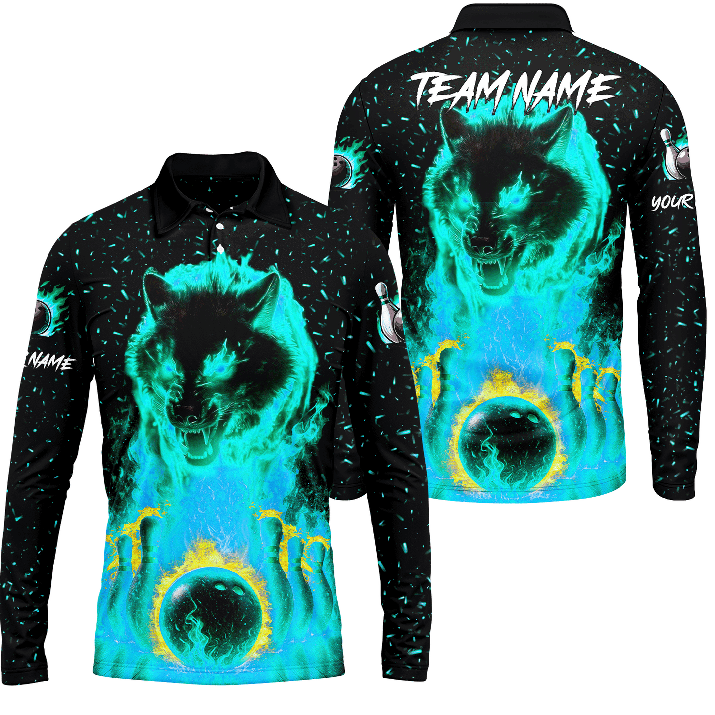 Customized Bowling Jersey, Glowing Wolf with Fiery Bowling Pins , Uniform Bowling - Personalized Name And Team Name