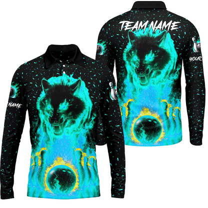 Customized Bowling Jersey, Glowing Wolf with Fiery Bowling Pins , Uniform Bowling - Personalized Name And Team Name