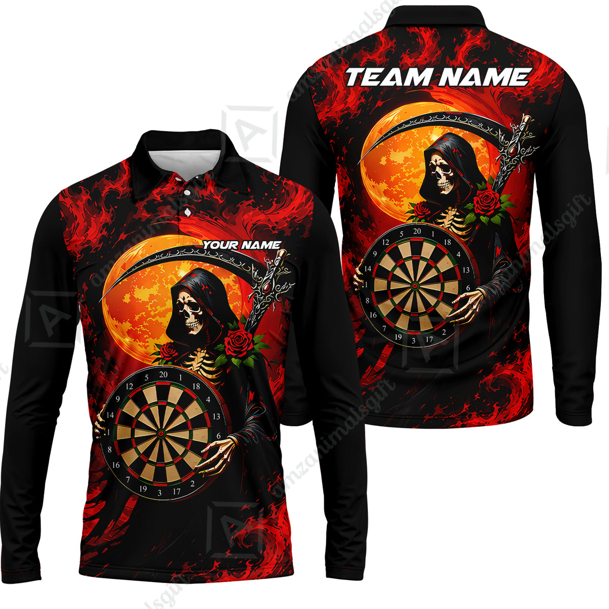 Customized Grim Reaper Holding Dartboard In Moonlight Halloween Darts Jersey, Personalized Name And Team Name For Players