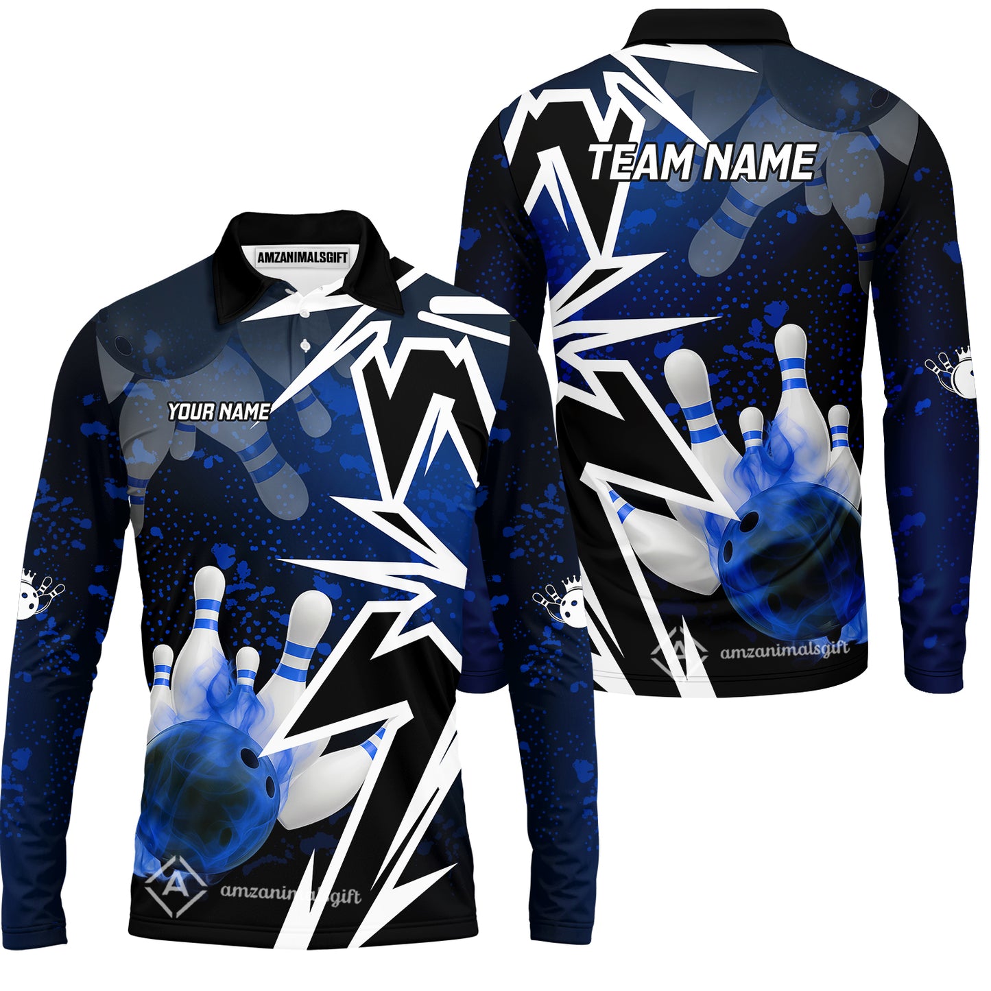 Customized Bowling Polo, Bowling And Pins Smoke Multicolor Option Customized Name And Team Zipper Polo Jerseys Shirts