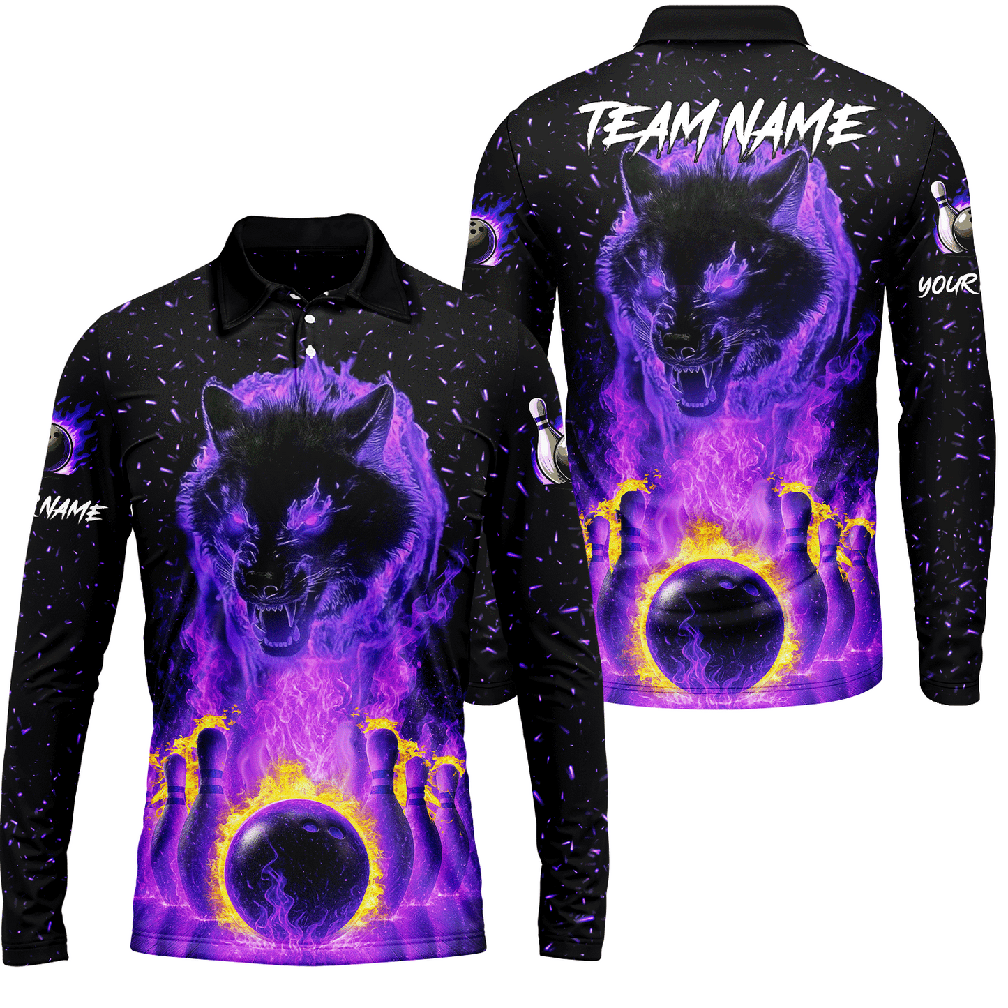 Customized Bowling Jersey, Glowing Wolf with Fiery Bowling Pins , Uniform Bowling - Personalized Name And Team Name