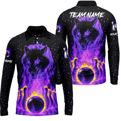 Customized Bowling Jersey, Glowing Wolf with Fiery Bowling Pins , Uniform Bowling - Personalized Name And Team Name