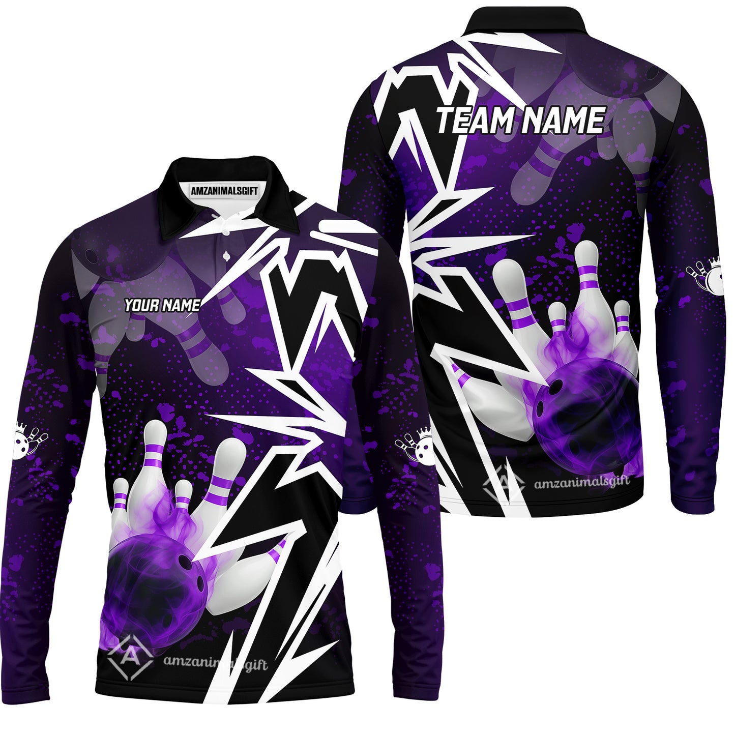 Customized Bowling Polo, Bowling And Pins Smoke Multicolor Option Customized Name And Team Zipper Polo Jerseys Shirts