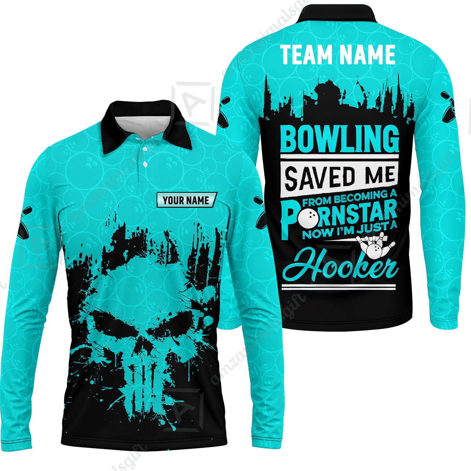 Long Sleeve Polo Shirt||Cyan