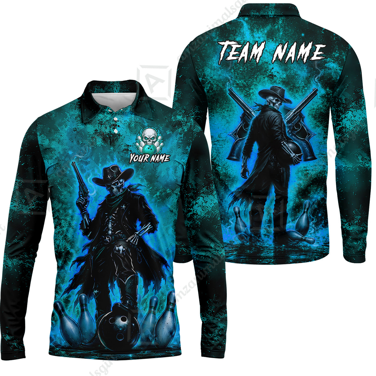 Long Sleeve Polo Shirt||Cyan