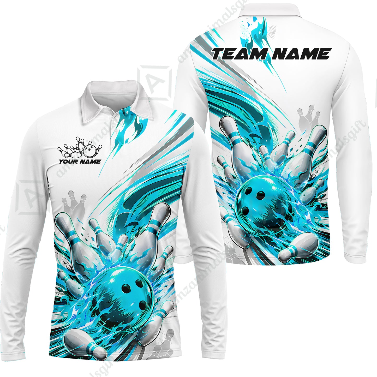 Long Sleeve Polo Shirt||Cyan