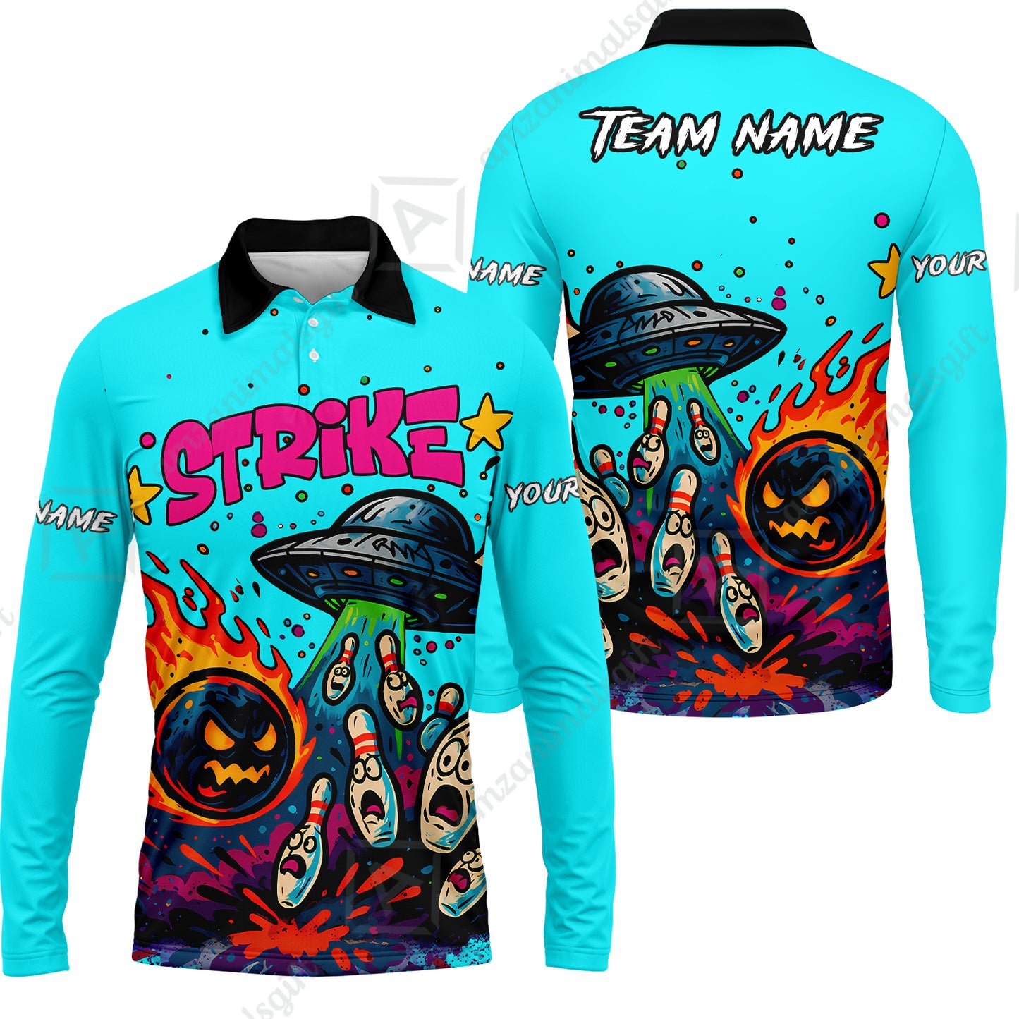 Long Sleeve Polo Shirt||Cyan