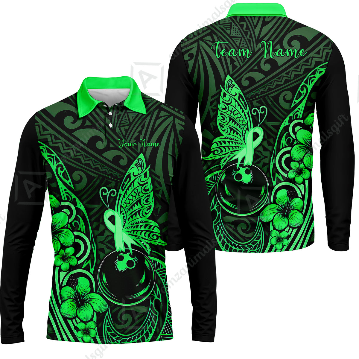 Long Sleeve Polo Shirt||Green