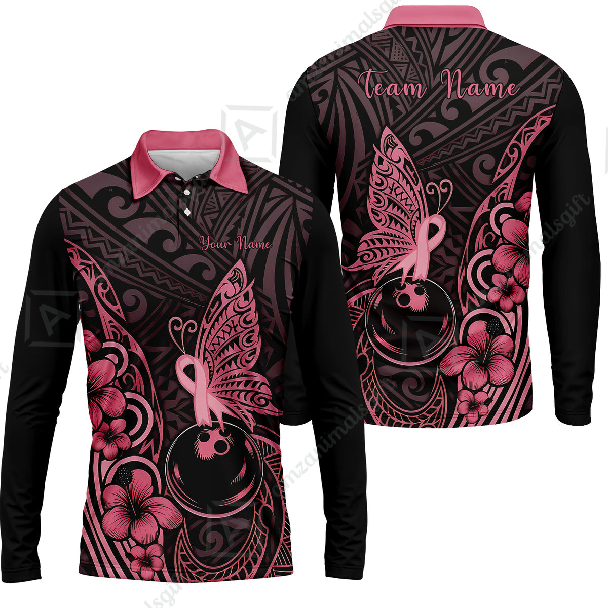 Long Sleeve Polo Shirt||Pink