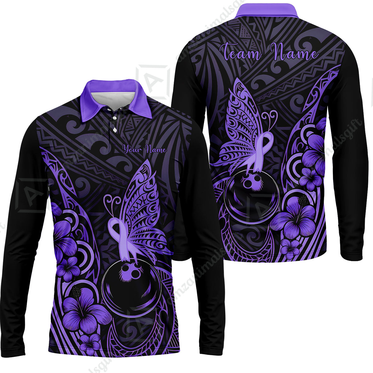 Long Sleeve Polo Shirt||Purple