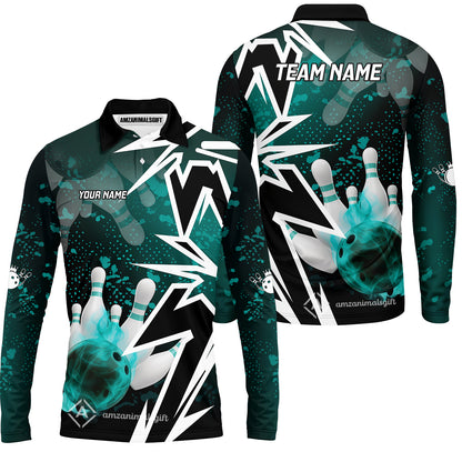 Customized Bowling Polo, Bowling And Pins Smoke Multicolor Option Customized Name And Team Zipper Polo Jerseys Shirts