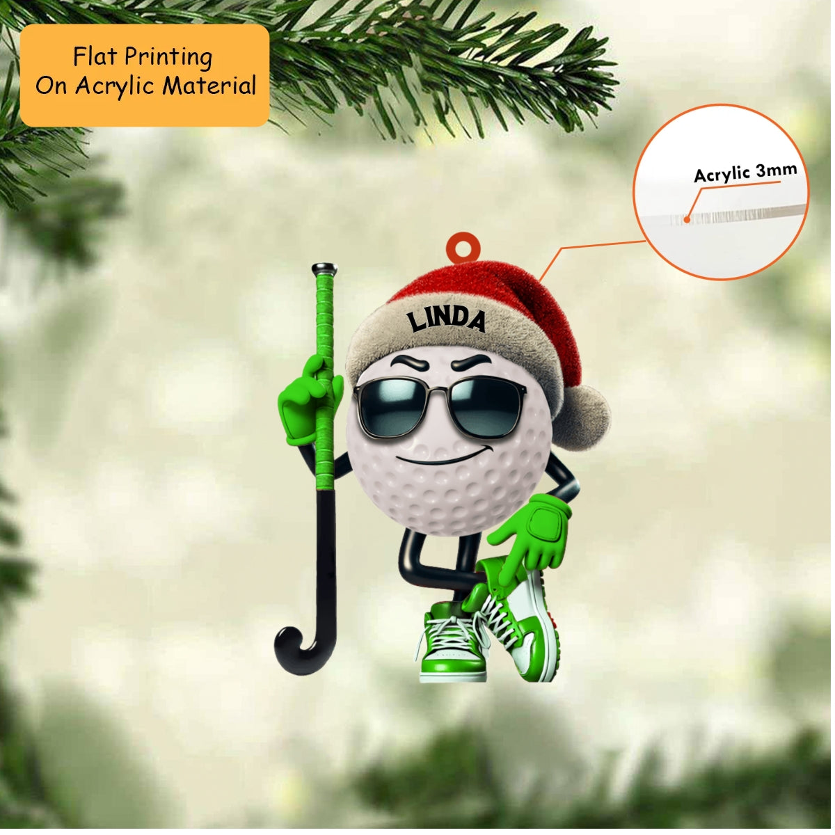 Personalized Tennis Christmas Ornament, Cool Ball Head With Sunglasses, Custom Name Christmas Gift, Keychain, Car Ornament