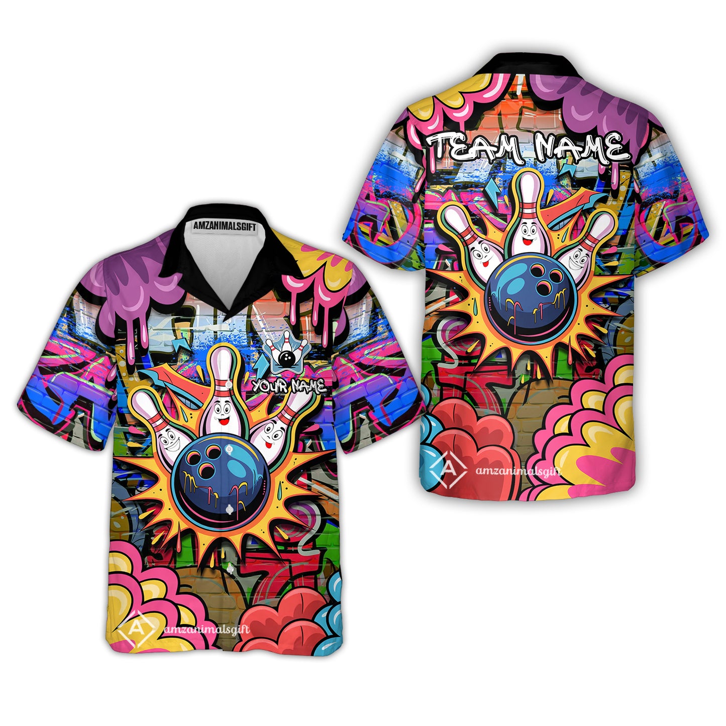 Custom Street Graffiti Bowling Team Jerseys Polo Shirts, Bowling uniforms, Street Graffiti Colorful Bowling Personalized Name And Team Name