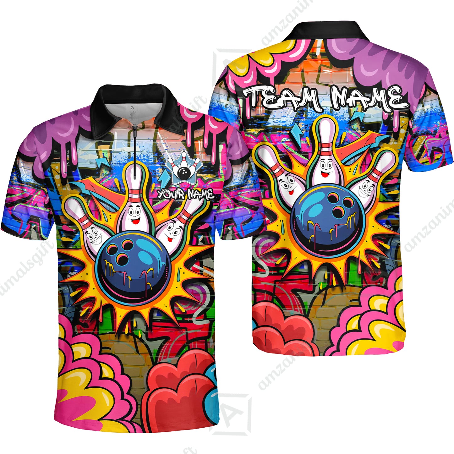 Custom Street Graffiti Bowling Team Jerseys Polo Shirts, Bowling uniforms, Street Graffiti Colorful Bowling Personalized Name And Team Name