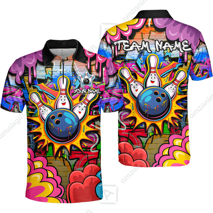 Custom Street Graffiti Bowling Team Jerseys Polo Shirts, Bowling uniforms, Street Graffiti Colorful Bowling Personalized Name And Team Name