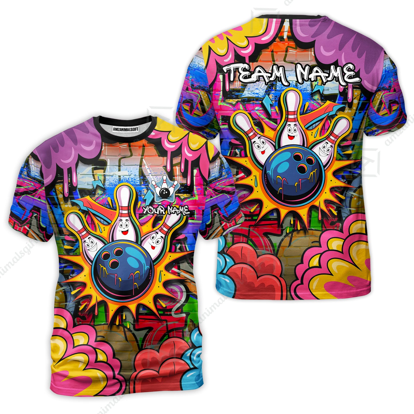 Custom Street Graffiti Bowling Team Jerseys Polo Shirts, Bowling uniforms, Street Graffiti Colorful Bowling Personalized Name And Team Name