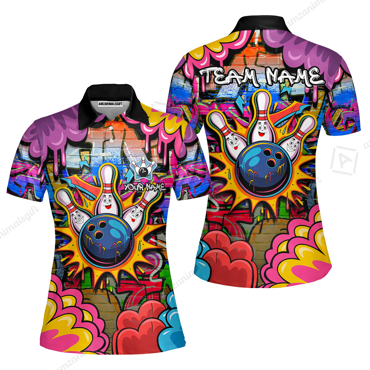 Custom Street Graffiti Bowling Team Jerseys Polo Shirts, Bowling uniforms, Street Graffiti Colorful Bowling Personalized Name And Team Name