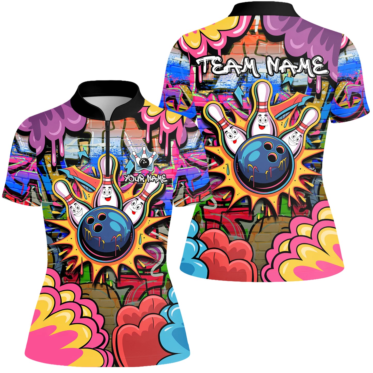 Custom Street Graffiti Bowling Team Jerseys Polo Shirts, Bowling uniforms, Street Graffiti Colorful Bowling Personalized Name And Team Name