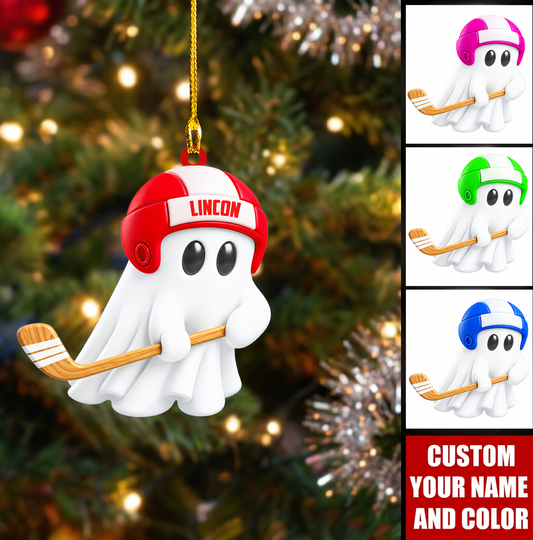 Personalized Hockey Christmas Ornament, Cute Ghost Holding Hockey Stick And Helmet, Custom Ornament Christmas Gift, Keychain Hockey, Car Ornament Hockey