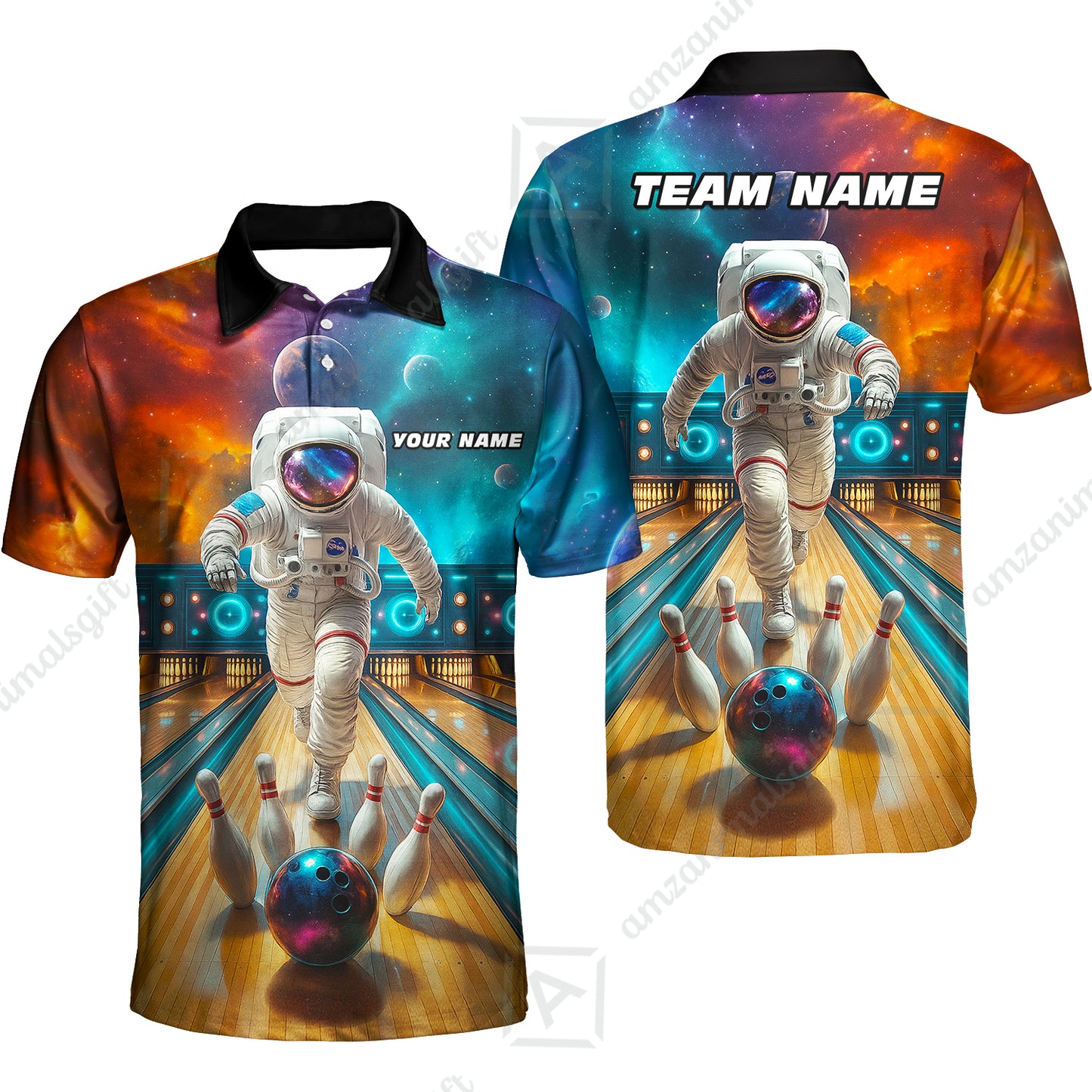 Custom Space Strike Bowling Team Jerseys Polo Shirts, Bowling uniforms, Astronaut Bowling Personalized Name And Team Name