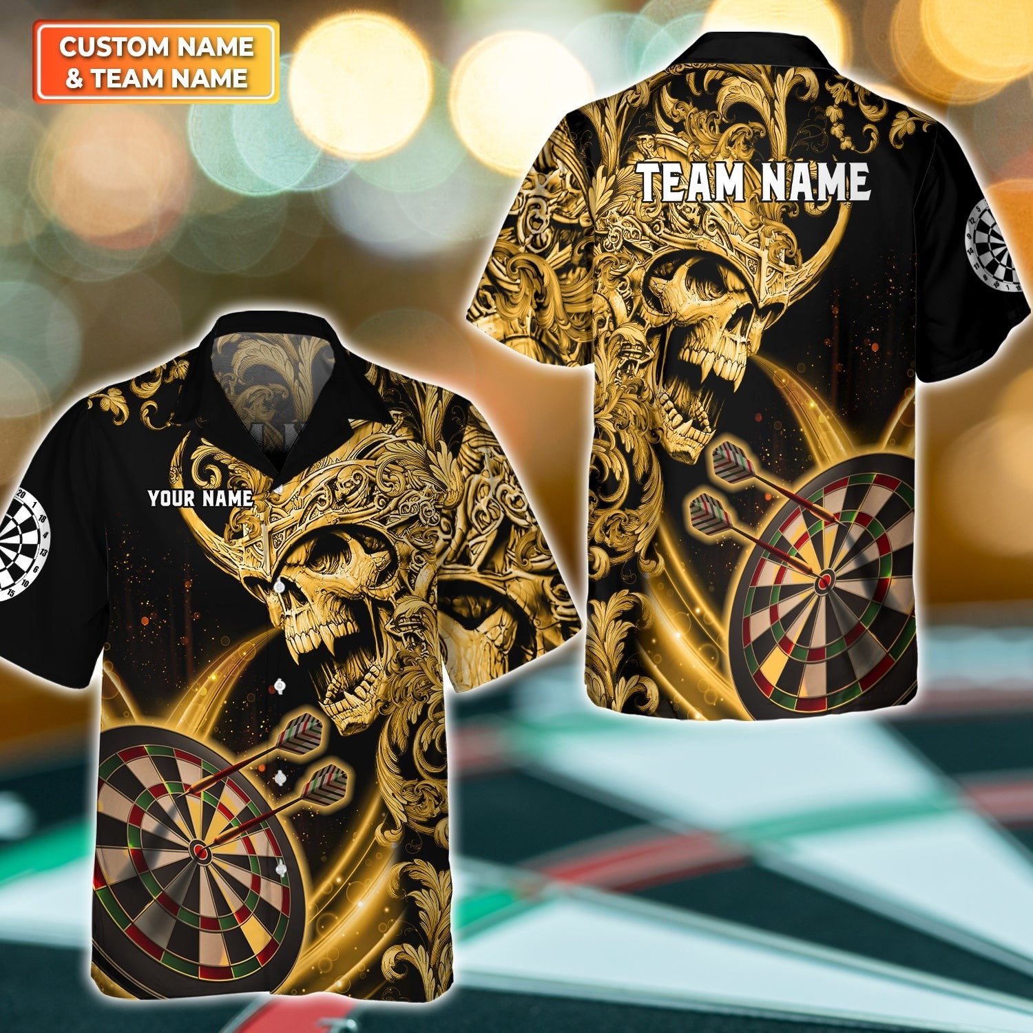 Customized Name & Team Name Darts Hawaiian Shirt, Darts Warrior Gold Personalized For Dart Team Player Hawaiian Shirt