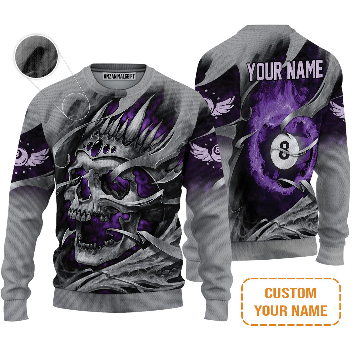Ball Billiards Custom Name Sweater, Personalized Billiards Skull Flaming Purple Sweater - Best Gift For Billiards Lovers