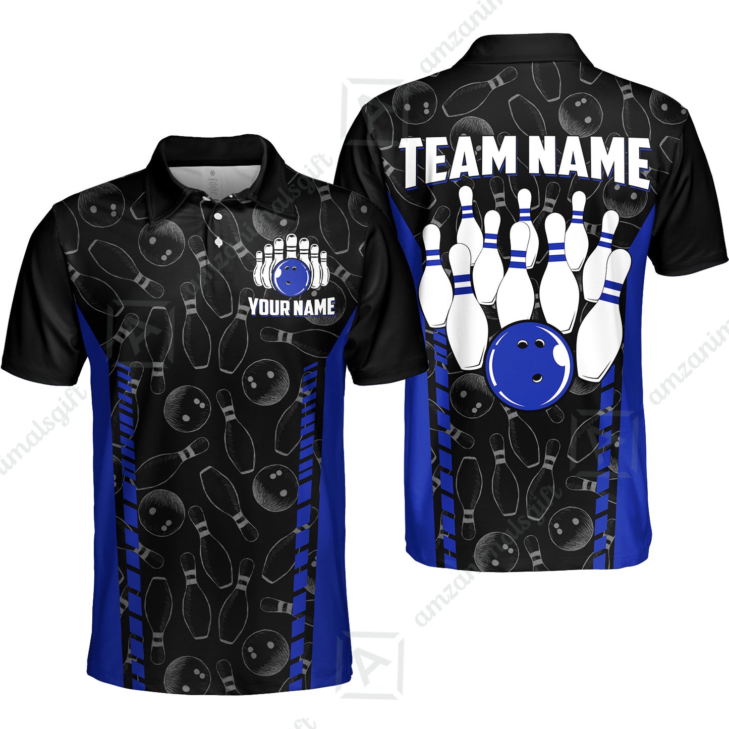 Custom Bowling Unisex Polo Shirts, Bowling Team Jersey Pattern, Bowling uniforms Ball & Pins Multicolor Options
