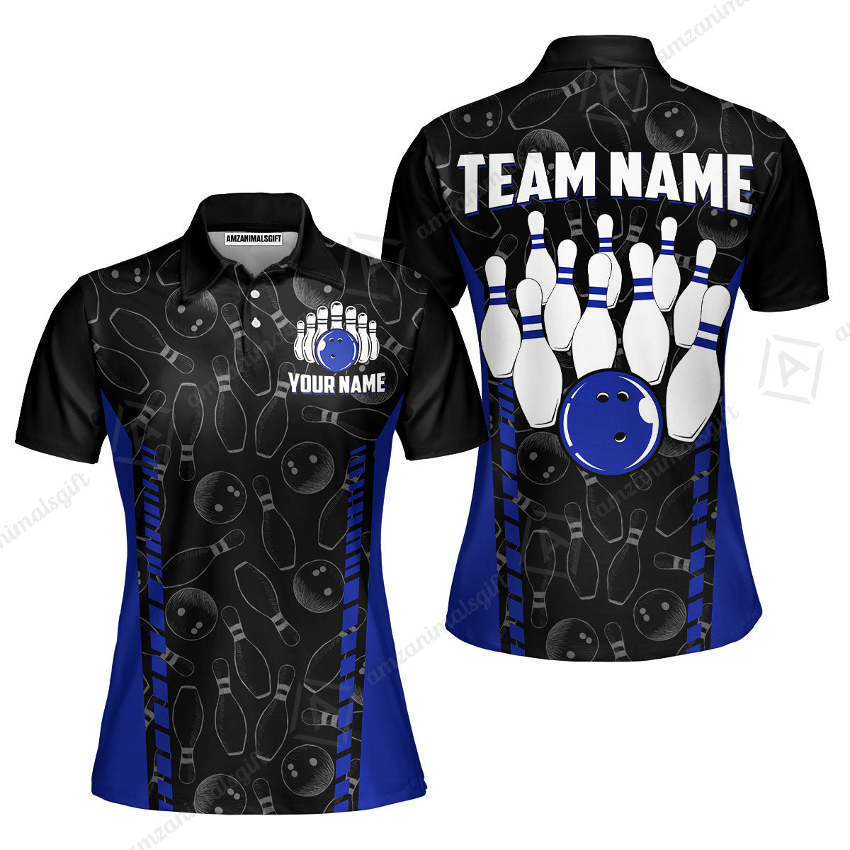 Custom Bowling Unisex Polo Shirts, Bowling Team Jersey Pattern, Bowling uniforms Ball & Pins Multicolor Options