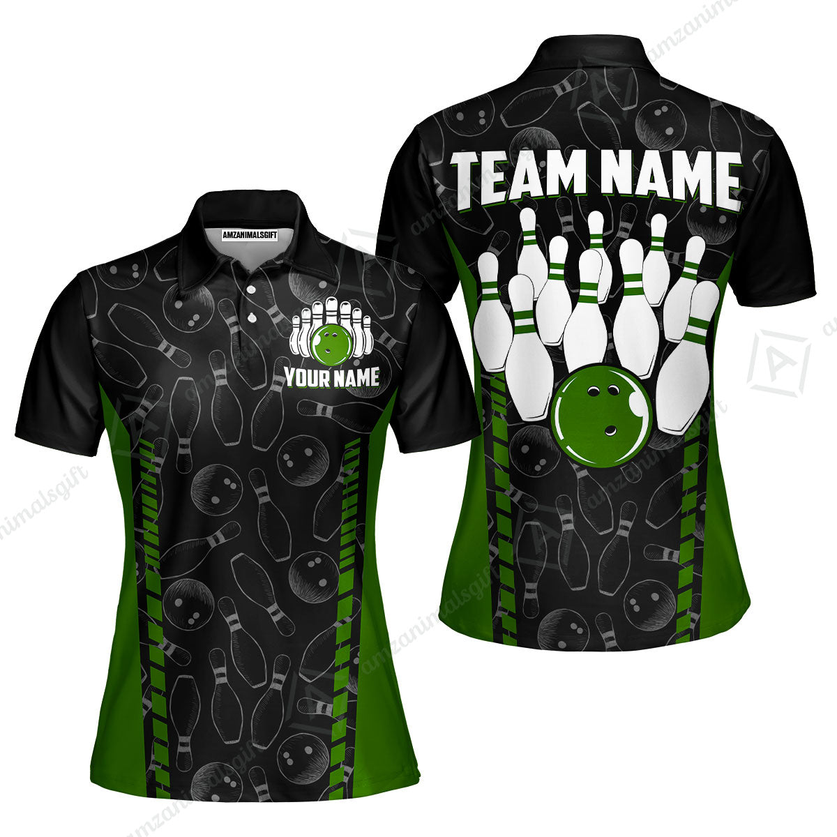 Custom Bowling Unisex Polo Shirts, Bowling Team Jersey Pattern, Bowling uniforms Ball & Pins Multicolor Options