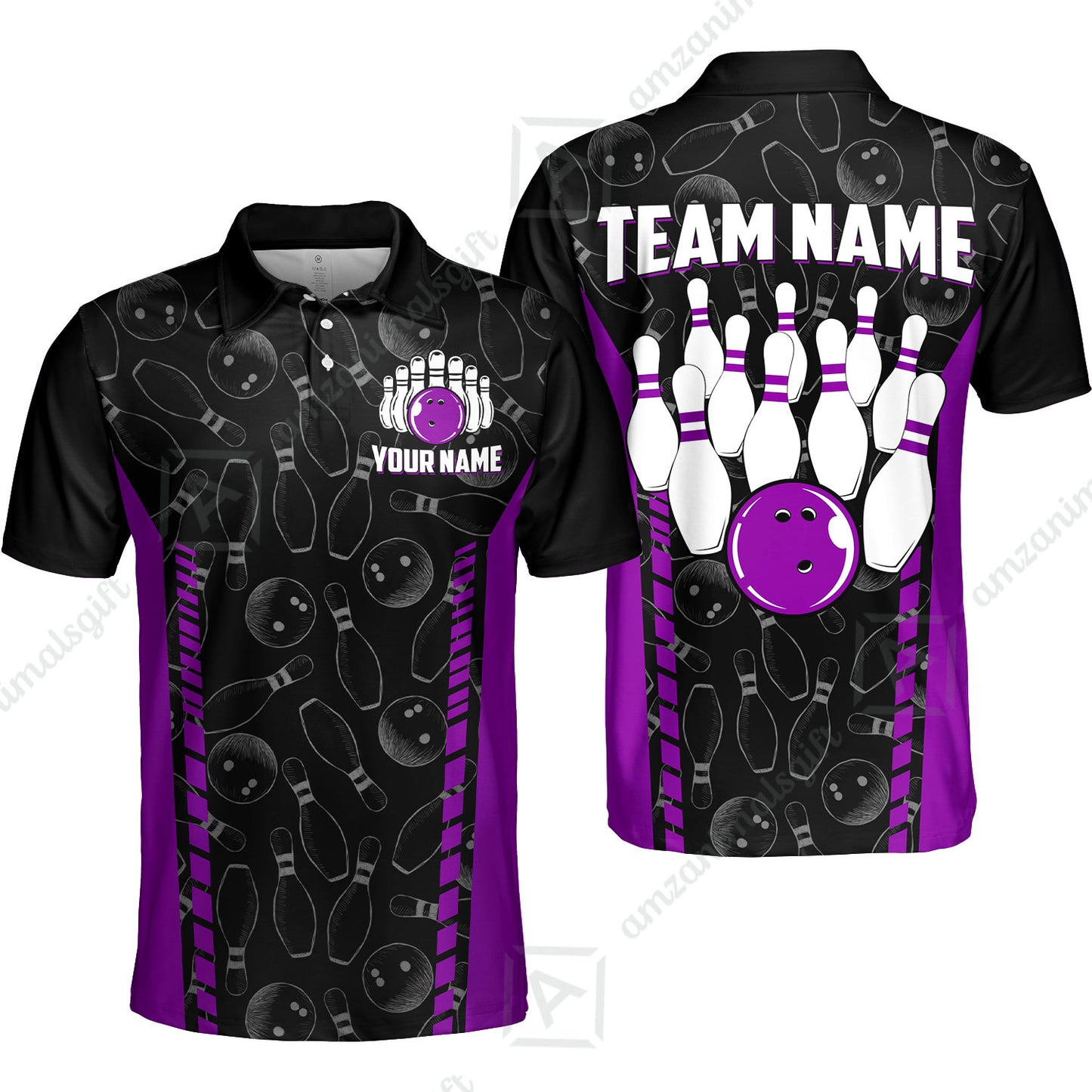 Custom Bowling Unisex Polo Shirts, Bowling Team Jersey Pattern, Bowling uniforms Ball & Pins Multicolor Options