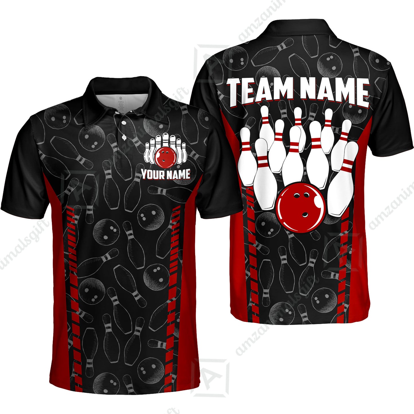 Custom Bowling Unisex Polo Shirts, Bowling Team Jersey Pattern, Bowling uniforms Ball & Pins Multicolor Options