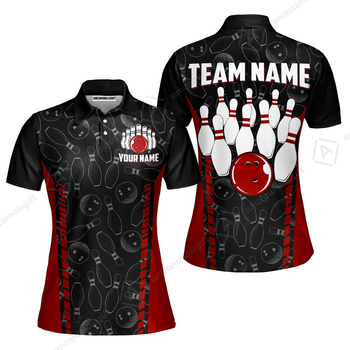 Custom Bowling Unisex Polo Shirts, Bowling Team Jersey Pattern, Bowling uniforms Ball & Pins Multicolor Options