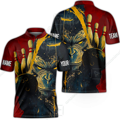 Custom Team Name Bowling Team Jersey - Bowling uniforms Godzilla KingKong Pattern Bowling Quarter-Zip Polo Shirts - Uniform Shirt For Bowlers