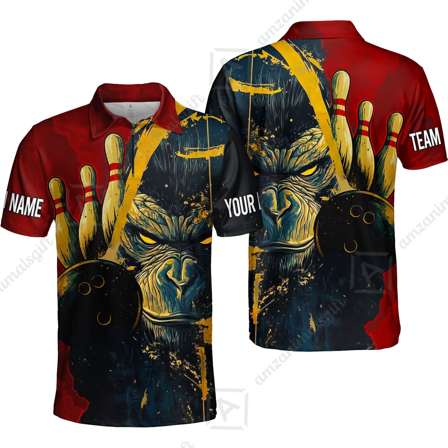 Custom Team Name Bowling Team Jersey - Bowling uniforms Godzilla KingKong Pattern Bowling Quarter-Zip Polo Shirts - Uniform Shirt For Bowlers