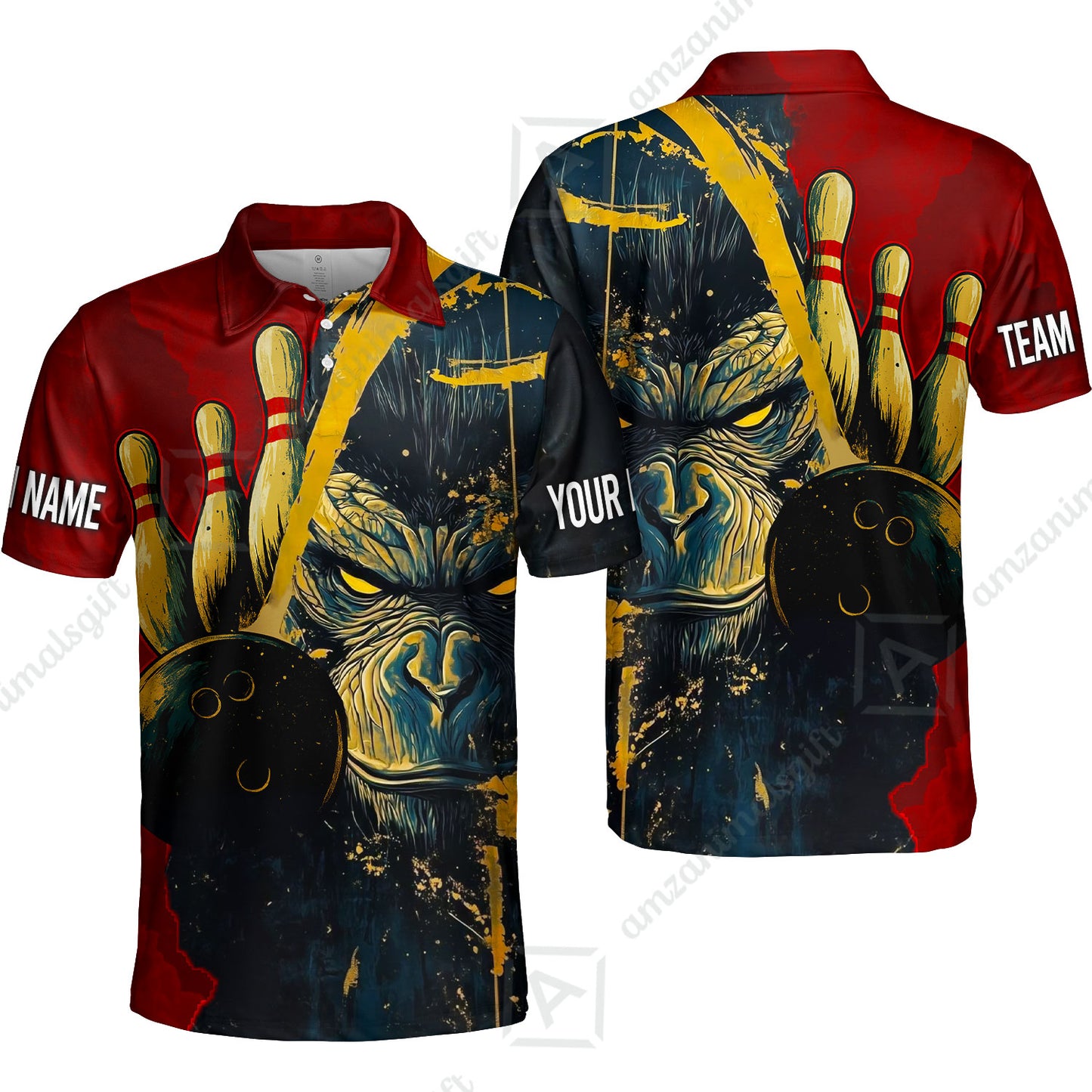 Custom Team Name Bowling Team Jersey - Bowling uniforms Godzilla KingKong Pattern Bowling Quarter-Zip Polo Shirts - Uniform Shirt For Bowlers