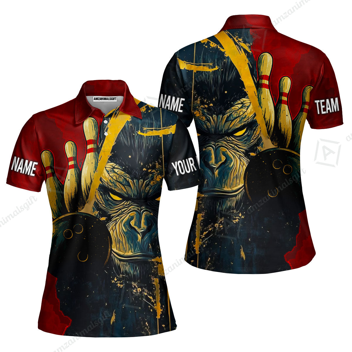 Custom Team Name Bowling Team Jersey - Bowling uniforms Godzilla KingKong Pattern Bowling Quarter-Zip Polo Shirts - Uniform Shirt For Bowlers